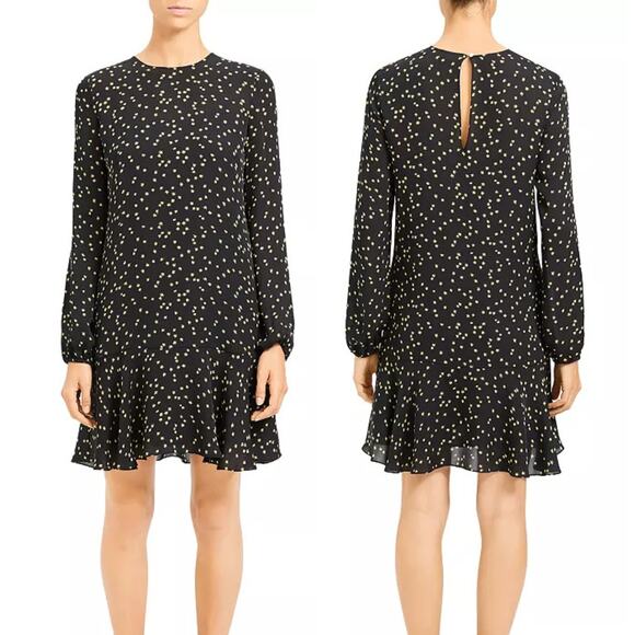 Theory Black & Yellow Star Print Silk Long Sleeve Flare Mini Dress - Picture 1 of 14